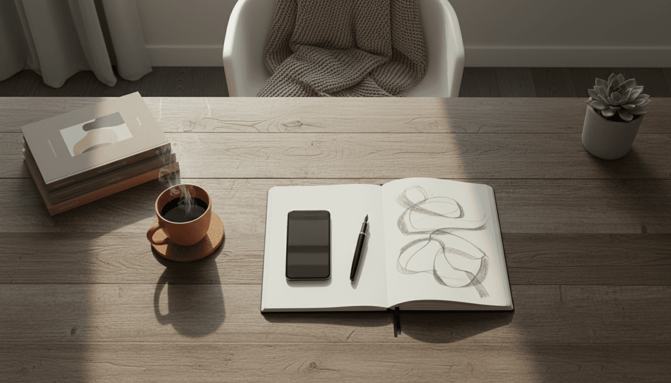 Overhead view of a workspace with a smartphone and notebook