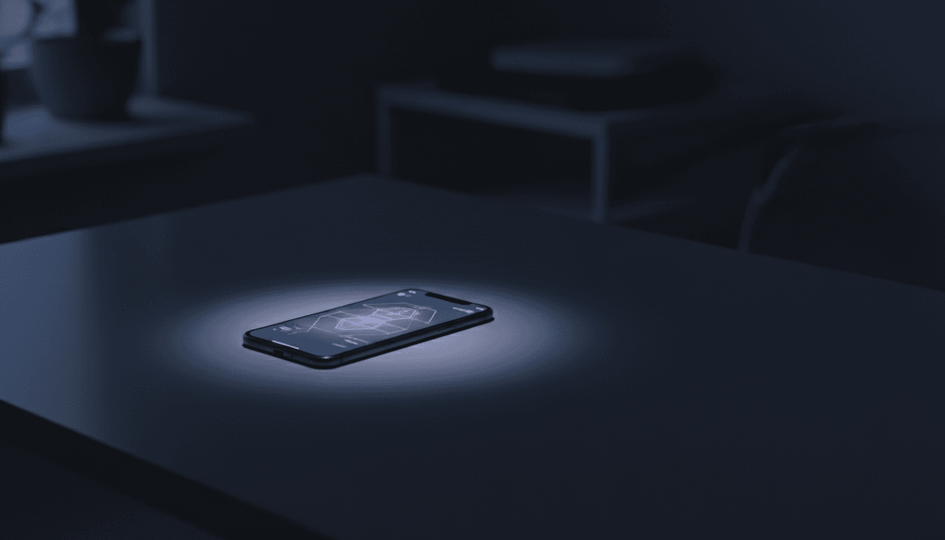 Smartphone with a glowing secure messaging interface on a dark desk