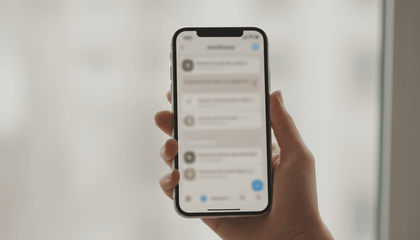 Hand holding a smartphone with a blurred secure messaging app interface
