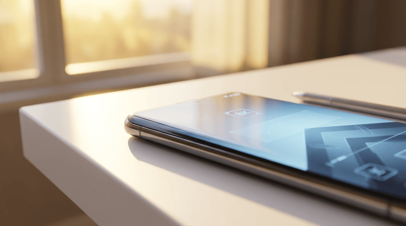 Smartphone with a blurred secure messaging interface on a desk