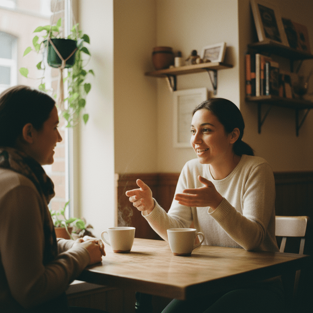 A person on a video call in a café with blurred background