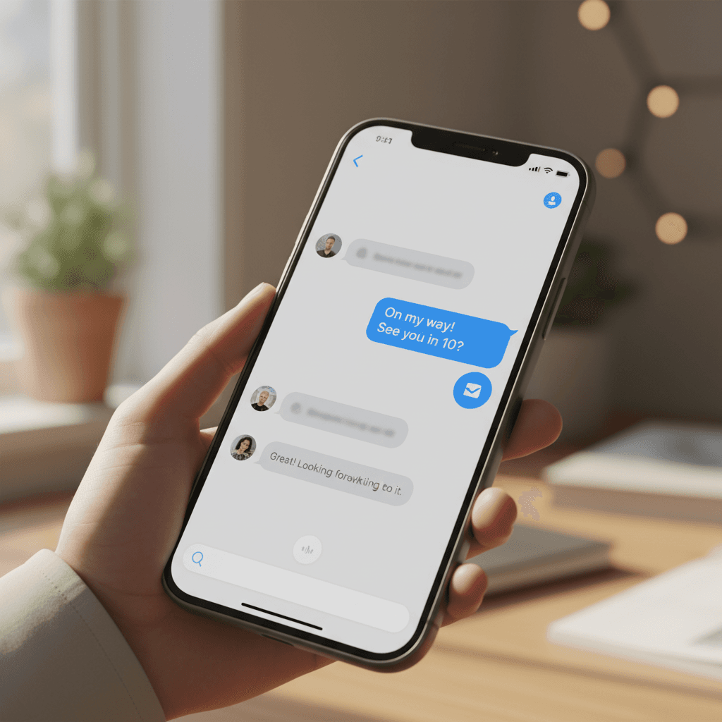 A person holding a phone with a clean, abstract chat interface on screen