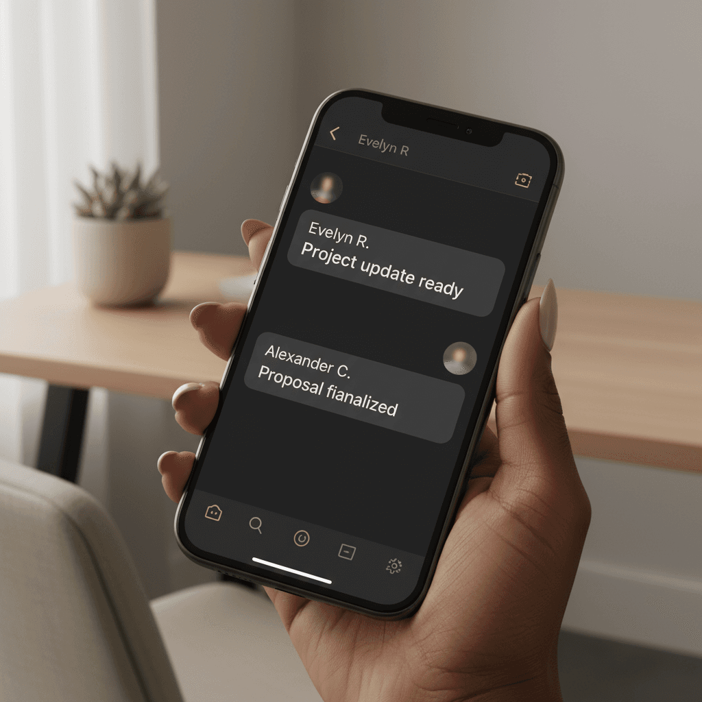 Hand holding a phone with a private messaging app open