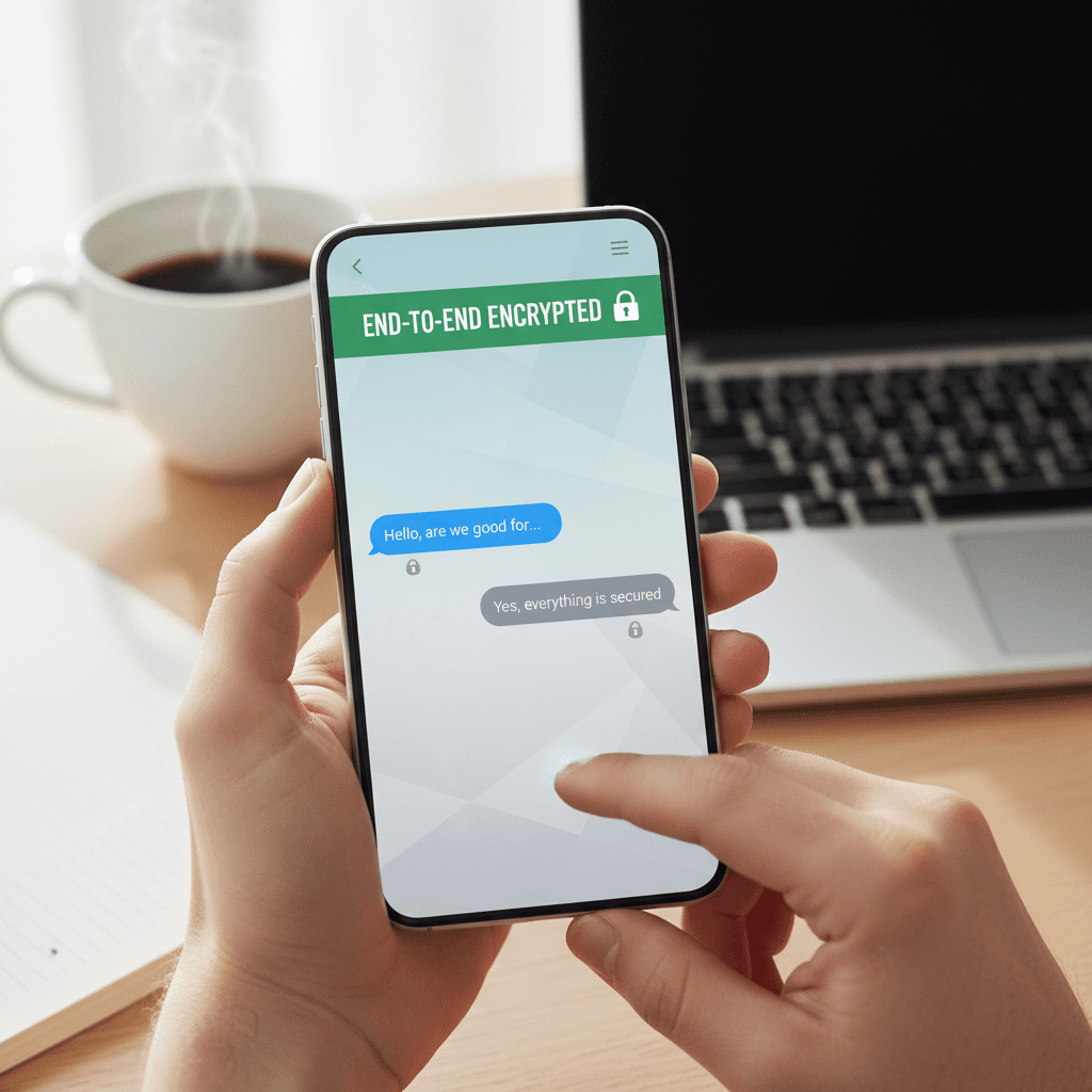 Person holding a smartphone with an encrypted messaging interface