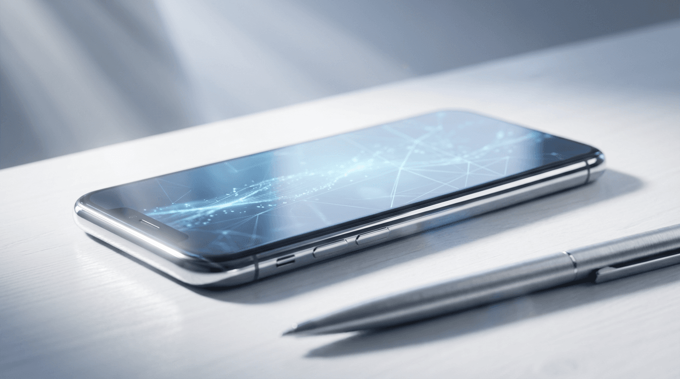Two smartphones on a matte surface, one showing a blurred messaging interface